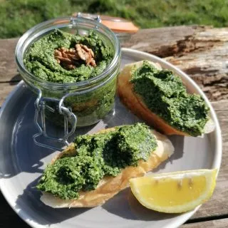 WILD GARLIC, NETTLE AND WALNUT PESTO
  Ingredients 
Approx 250g wild garlic
Approx150g nettle tops
A pinch of sea or rock salt
200g parmigiano reggiano
Approx 300ml of good quality olive oil
1-2 lemons (zest and juice)
A good handful of foraged walnuts
Crusty bread to serve
 
  Method
Wash the garlic and nettle leaves and dry (use a salad spinner if you have one). 
Add all the above ingredients to a pestle and mortar or blender and mix until smooth and ENJOY... 
I enjoy this pesto with home made crusty bread or i stir it through pasta or warm new potatoes. The options are endless. Once made this will keep in a air tight container in the fridge for a few week's. Cover the surface with a thin layer of olive oil,it is also suitable to freeze.
From the beginning of March up to June you will find this pesto in my fridge. I absolutely love it,it tastes so good i can't eat enough of it.
This recipe is made to my personal preference but please feel free to alter to your own taste.
If you would like to find out more  about these wild edibles, their benefits  how to safely identify them plus many more you can contact me on contact@forageuk.co.uk for wild food walks and courses.
#Forageuk #foraging #Wildfood #eatgreen #Plantbased #pesticidefree #organicfood #Wildfoodwalks #forageyourfood #Reconnectwithnature #Rewild #eathealthy #eatyourweeds#wildgarlic #wildgarlicpesto